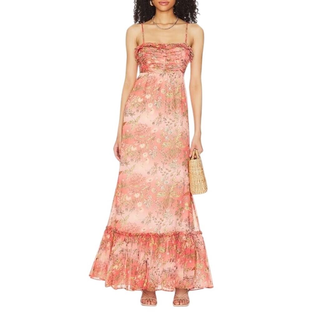 By TiMo Smocked Maxi Dress Floral Chiffon Ruffle Thin Straps Orange Medium NWOT